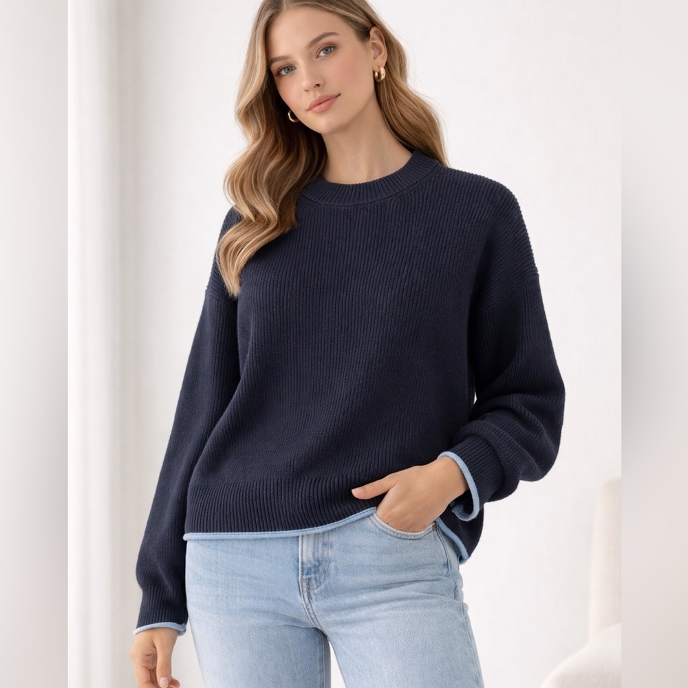 Scotch & Soda Amsterdam Navy Knit Sweater L Minimalist Casual Stretch Cozy Soft